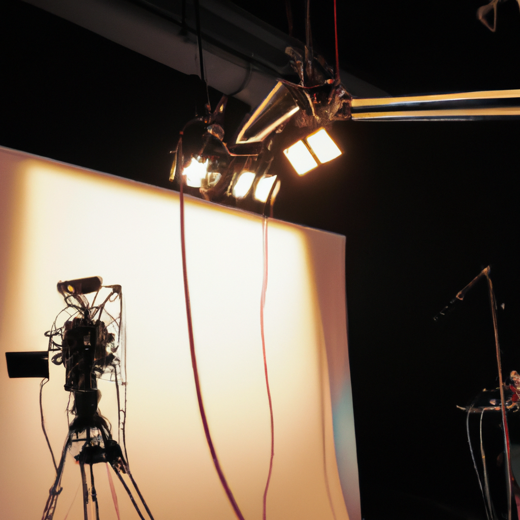 Behind the scenes of a course recording on a minimal set with two key lights, soft shadows, and neatly routed cables
