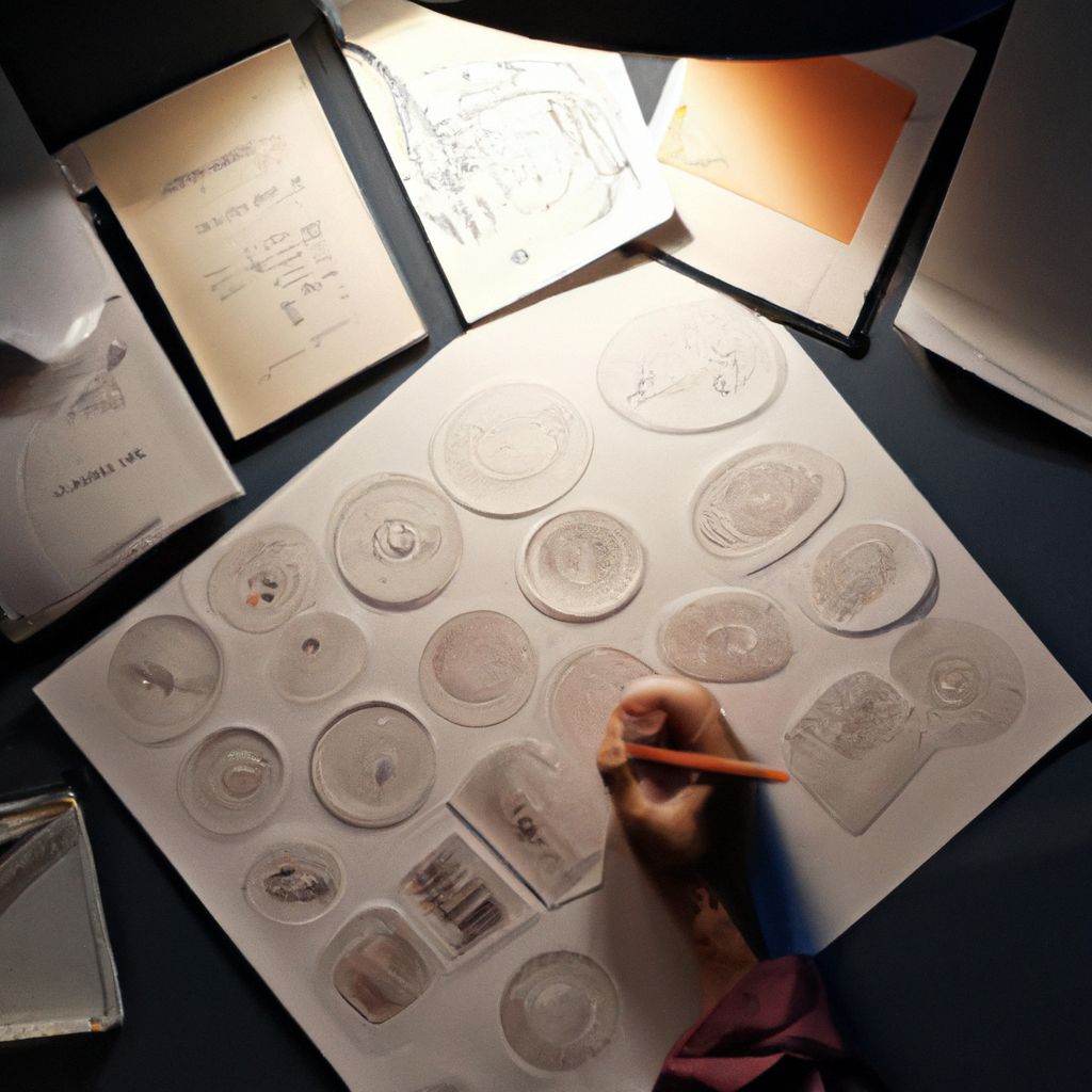 Director sketching storyboard pages from top view, pencils and papers arranged neatly, soft studio light