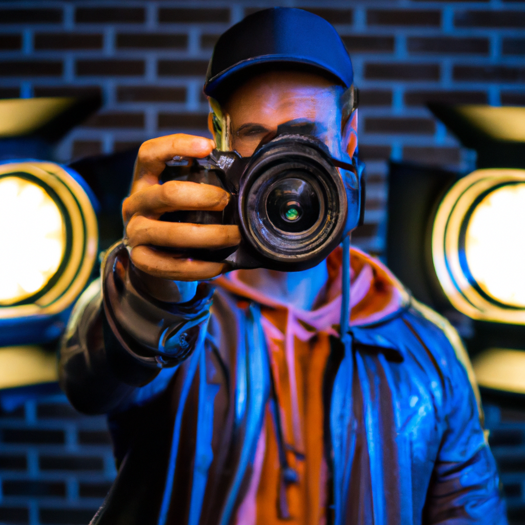 Senior Producer with camera gear, shallow depth of field, vibrant colors
